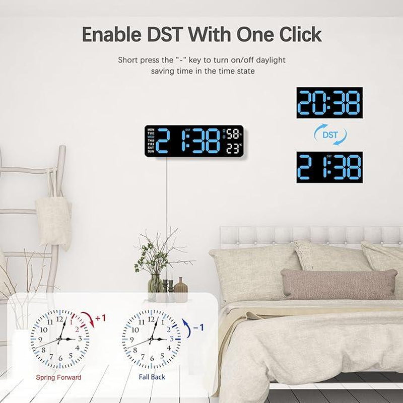USB & Battery Charging Digital Wall Clock,Large Screen Wall Clock with Indoor Temperature Date Week Display Digital Clock, Multifunctional Alarm Clock