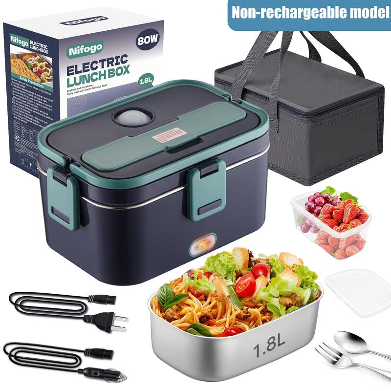 80W Electric Lunch Box Food Warmer, Plug-In Electric Lunch Box, 12V/24V/110V Self-Heating Lunch Box for Work and Travel with Insulated Pouch 1.5L/1.8L