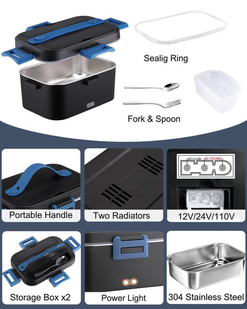 80W Electric Lunch Box Food Warmer, Plug-In Electric Lunch Box, 12V/24V/110V Self-Heating Lunch Box for Work and Travel with Insulated Pouch 1.5L/1.8L