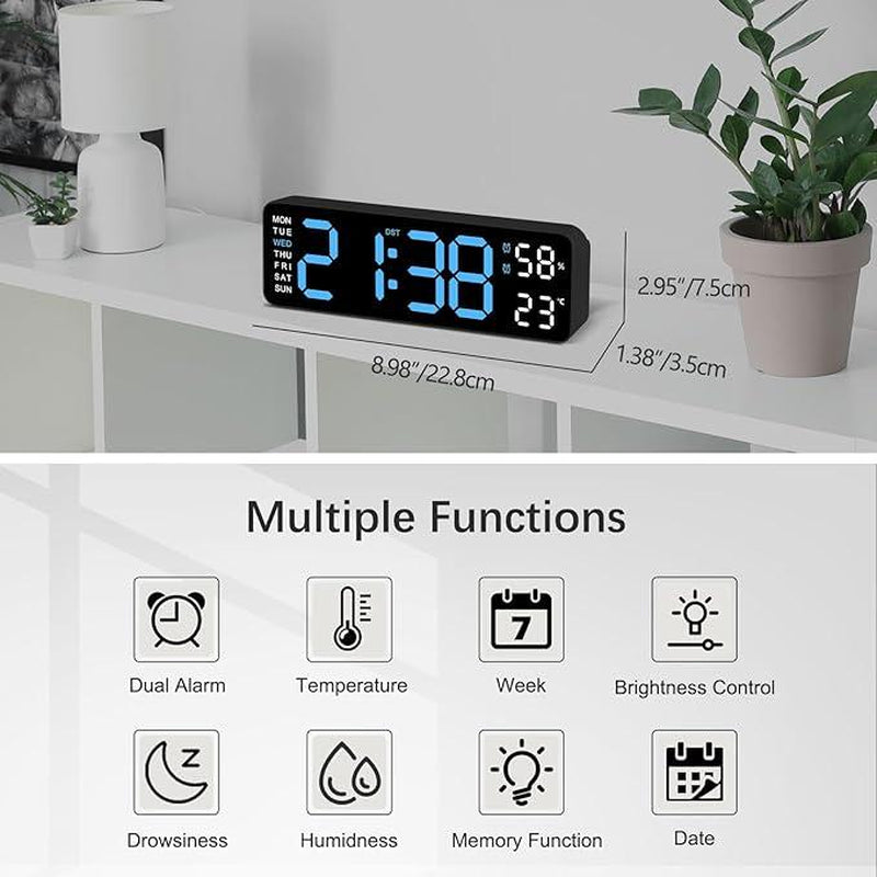 USB & Battery Charging Digital Wall Clock,Large Screen Wall Clock with Indoor Temperature Date Week Display Digital Clock, Multifunctional Alarm Clock