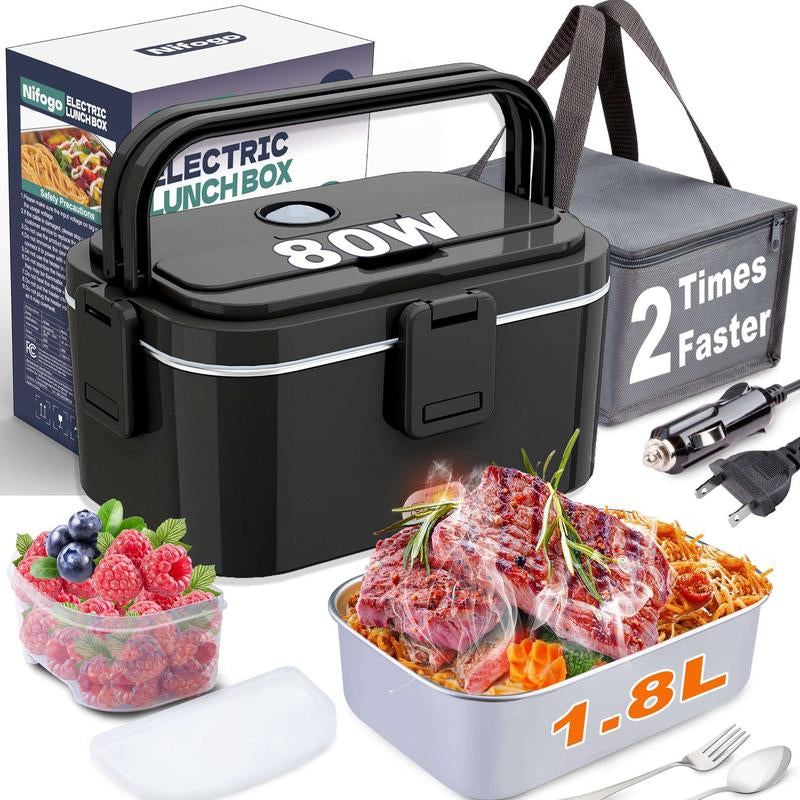 80W Electric Lunch Box Food Warmer, Plug-In Electric Lunch Box, 12V/24V/110V Self-Heating Lunch Box for Work and Travel with Insulated Pouch 1.5L/1.8L