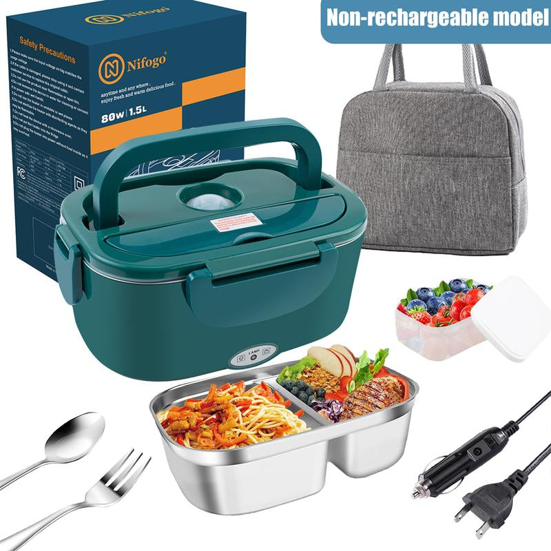 80W Electric Lunch Box Food Warmer, Plug-In Electric Lunch Box, 12V/24V/110V Self-Heating Lunch Box for Work and Travel with Insulated Pouch 1.5L/1.8L