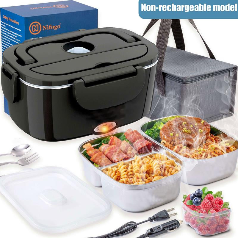 80W Electric Lunch Box Food Warmer, Plug-In Electric Lunch Box, 12V/24V/110V Self-Heating Lunch Box for Work and Travel with Insulated Pouch 1.5L/1.8L