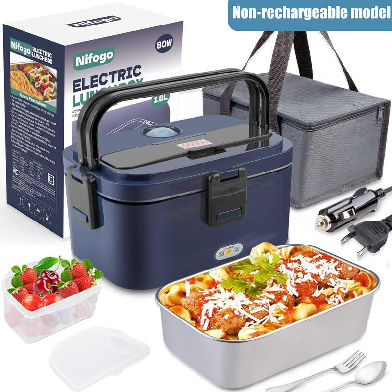 80W Electric Lunch Box Food Warmer, Plug-In Electric Lunch Box, 12V/24V/110V Self-Heating Lunch Box for Work and Travel with Insulated Pouch 1.5L/1.8L