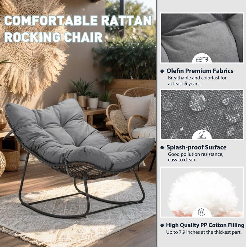 NAGA BAHNA Outdoor Rocking Chair, Patio Wicker Egg Chair, Indoor Comfy Oversized Papasan Chair with Padded Cushion, Royal Rattan Rocker for Front Porch, Garden, Patio Loung Chair Patio Rocking Chair Patio Egg Lounge Home Patio Furniture