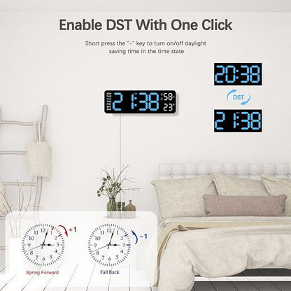USB & Battery Charging Digital Wall Clock,Large Screen Wall Clock with Indoor Temperature Date Week Display Digital Clock, Multifunctional Alarm Clock