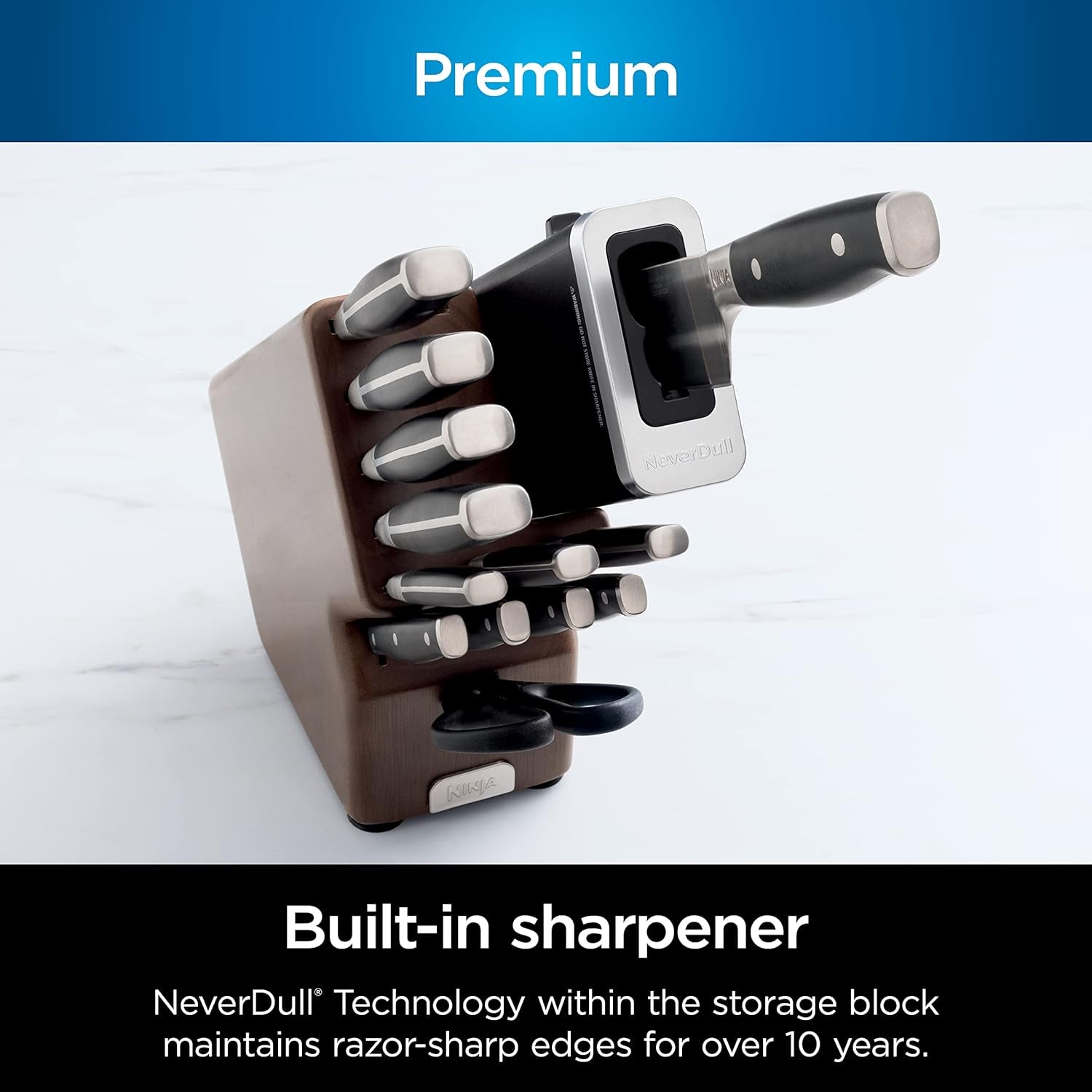 K52013 Foodi Neverdull Premium 13 Piece German Stainless Steel Wood Series Knife System with Built-In Sharpener, Walnut Stain/Black