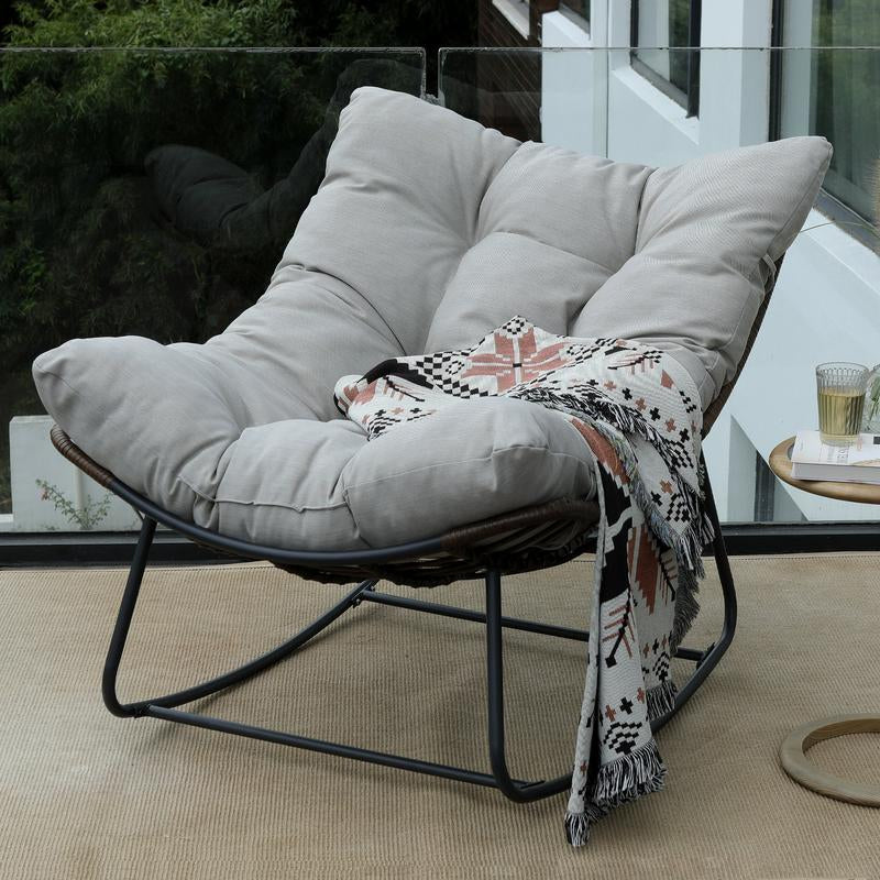 NAGA BAHNA Outdoor Rocking Chair, Patio Wicker Egg Chair, Indoor Comfy Oversized Papasan Chair with Padded Cushion, Royal Rattan Rocker for Front Porch, Garden, Patio Loung Chair Patio Rocking Chair Patio Egg Lounge Home Patio Furniture