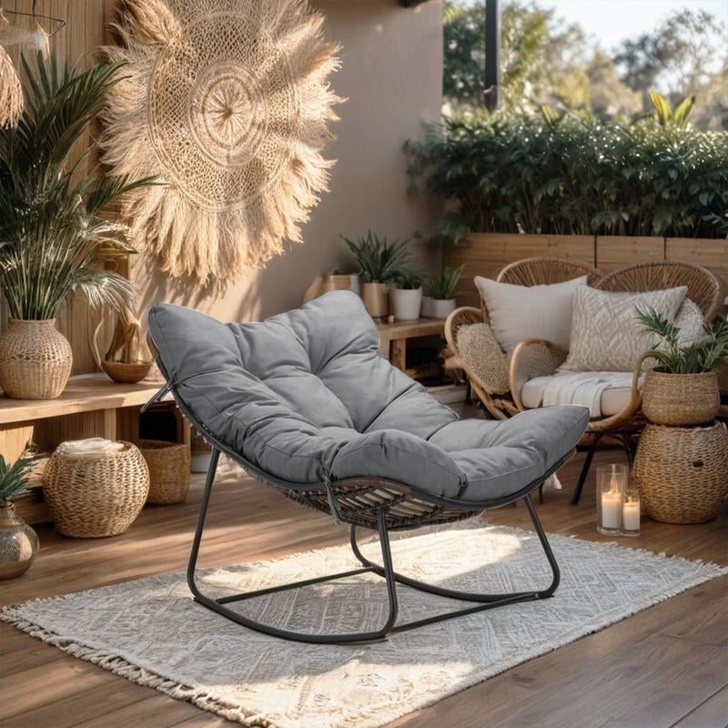 NAGA BAHNA Outdoor Rocking Chair, Patio Wicker Egg Chair, Indoor Comfy Oversized Papasan Chair with Padded Cushion, Royal Rattan Rocker for Front Porch, Garden, Patio Loung Chair Patio Rocking Chair Patio Egg Lounge Home Patio Furniture