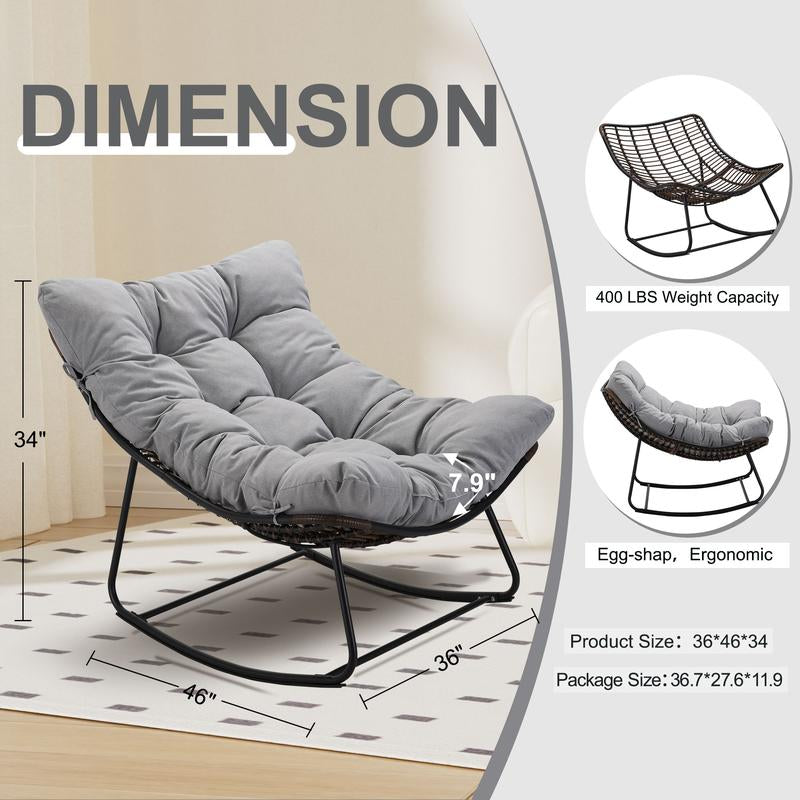 NAGA BAHNA Outdoor Rocking Chair, Patio Wicker Egg Chair, Indoor Comfy Oversized Papasan Chair with Padded Cushion, Royal Rattan Rocker for Front Porch, Garden, Patio Loung Chair Patio Rocking Chair Patio Egg Lounge Home Patio Furniture
