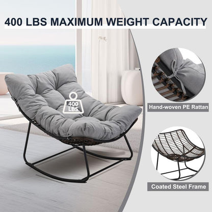 NAGA BAHNA Outdoor Rocking Chair, Patio Wicker Egg Chair, Indoor Comfy Oversized Papasan Chair with Padded Cushion, Royal Rattan Rocker for Front Porch, Garden, Patio Loung Chair Patio Rocking Chair Patio Egg Lounge Home Patio Furniture