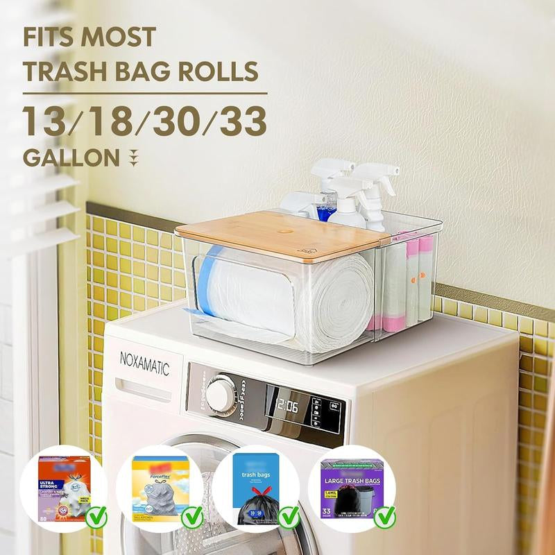 Trash Bag Dispenser Holder - 2 in 1 Clear Acrylic Plastic Garbage Bags Container with Bamboo Lid Storage Box for Kitchen Pantry Laundry Room Organization, Large Trash Bag Organizer under Sink