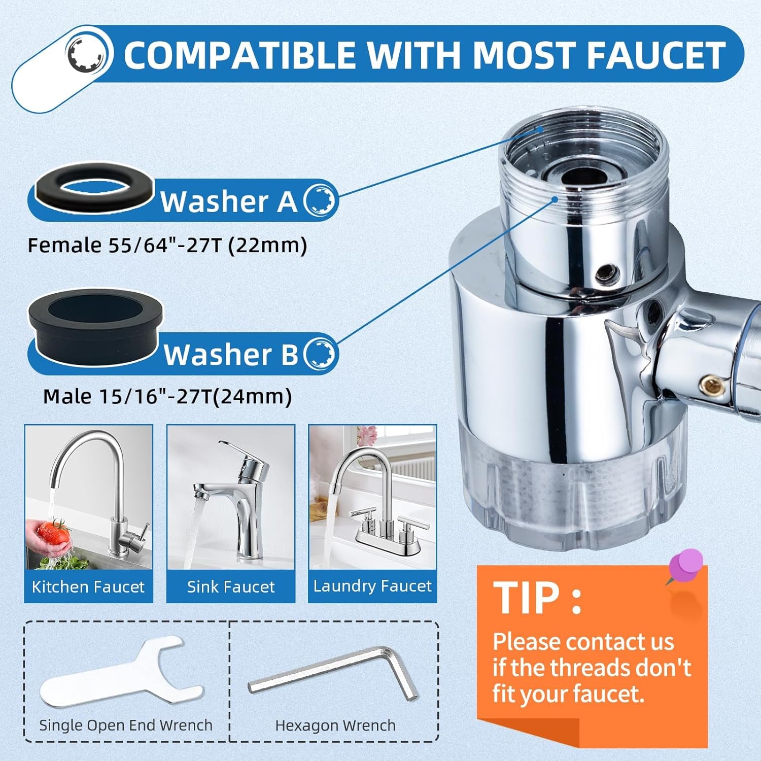 Sink Faucet Water Filter Extender with 9 Replacement Cartridges - Chlorine Reduction for Skin and Eye Care, Brass Faucet Mount Purification System, 1080° Rotating 2-Mode Swivel Aerator