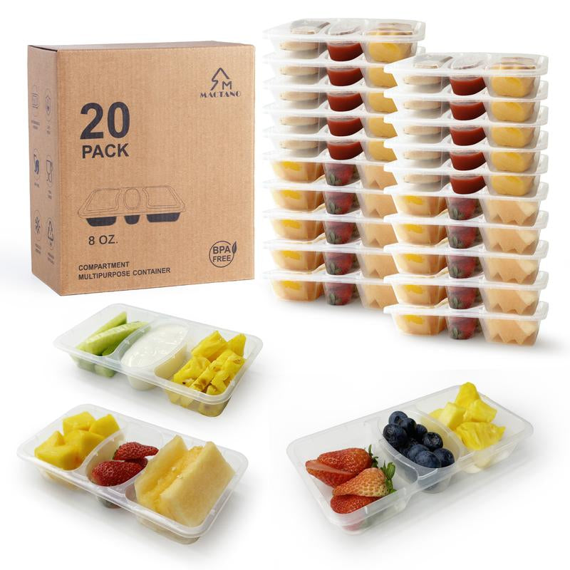 MACTANO 8 OZ Reusable Snack Containers with Lids, New 3 Compartment Condiment Snack Pack Containers 20 Sets Kitchen Utensils Meal Prep Containers