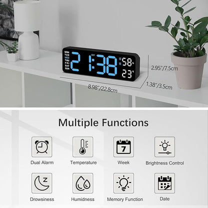 USB & Battery Charging Digital Wall Clock,Large Screen Wall Clock with Indoor Temperature Date Week Display Digital Clock, Multifunctional Alarm Clock