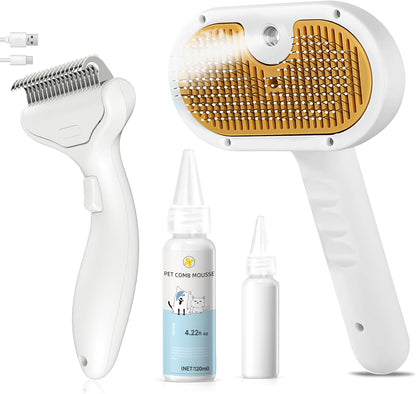 3-In-1 Pet Steam Brush Set for Dogs & Cats, Grooming Comb with Spray, Defur Tool, Water-Assisted Hair Removal, Spritz Brush, Multi-Purpose Kit, Undercoat Rake, Deshedding Brushes, Dematting Brush.