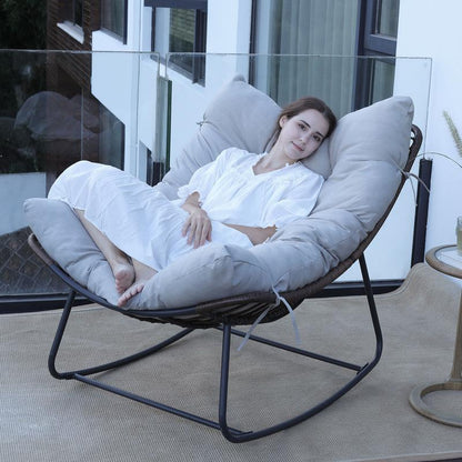 NAGA BAHNA Outdoor Rocking Chair, Patio Wicker Egg Chair, Indoor Comfy Oversized Papasan Chair with Padded Cushion, Royal Rattan Rocker for Front Porch, Garden, Patio Loung Chair Patio Rocking Chair Patio Egg Lounge Home Patio Furniture