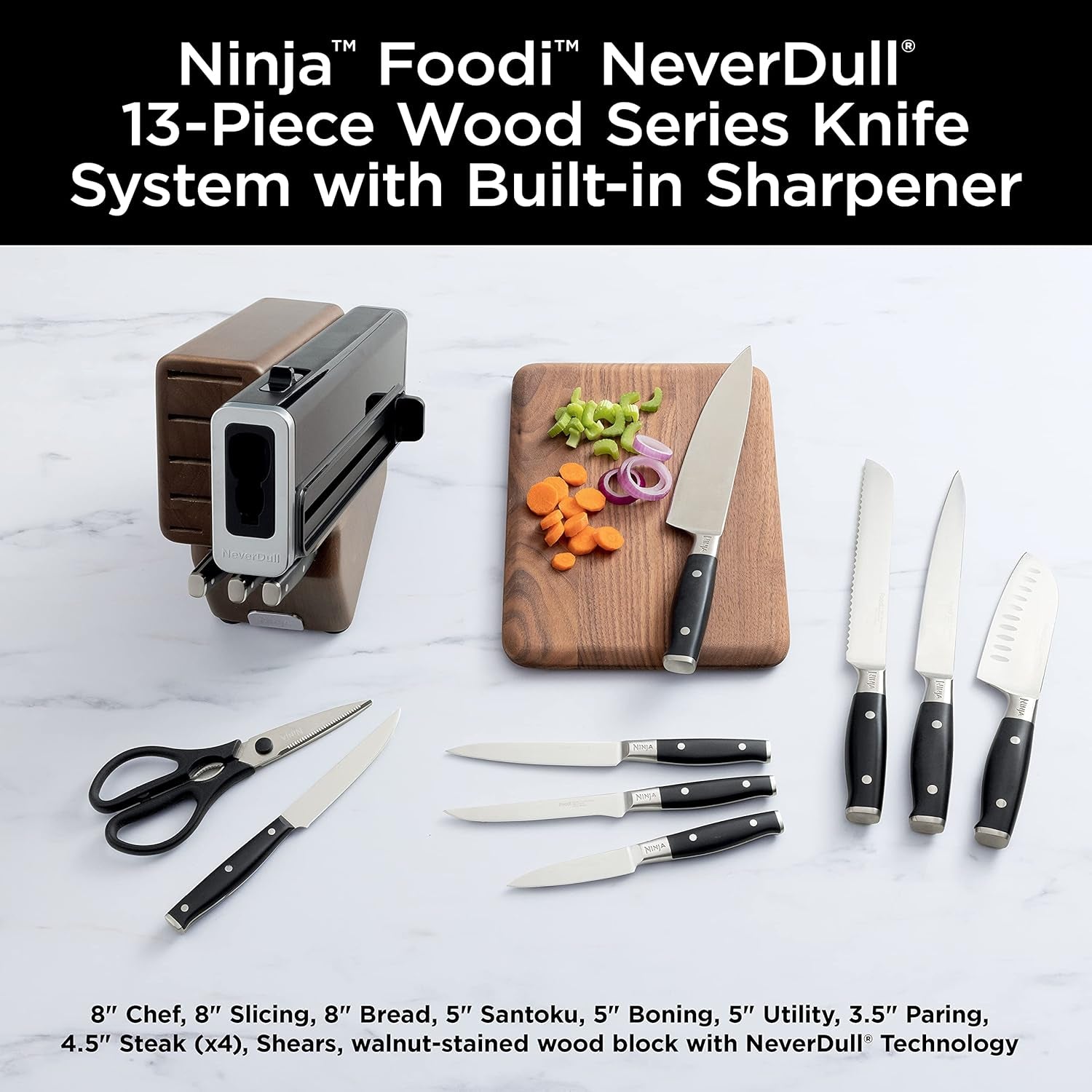 K52013 Foodi Neverdull Premium 13 Piece German Stainless Steel Wood Series Knife System with Built-In Sharpener, Walnut Stain/Black