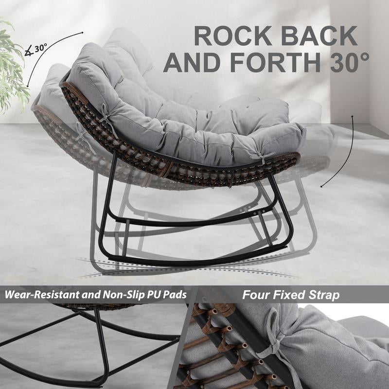NAGA BAHNA Outdoor Rocking Chair, Patio Wicker Egg Chair, Indoor Comfy Oversized Papasan Chair with Padded Cushion, Royal Rattan Rocker for Front Porch, Garden, Patio Loung Chair Patio Rocking Chair Patio Egg Lounge Home Patio Furniture