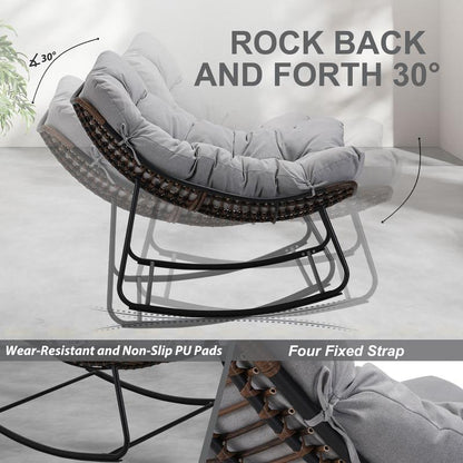 NAGA BAHNA Outdoor Rocking Chair, Patio Wicker Egg Chair, Indoor Comfy Oversized Papasan Chair with Padded Cushion, Royal Rattan Rocker for Front Porch, Garden, Patio Loung Chair Patio Rocking Chair Patio Egg Lounge Home Patio Furniture
