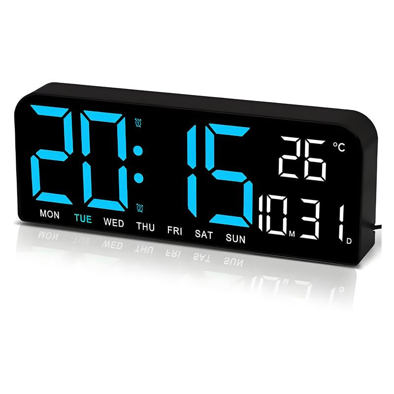 USB & Battery Charging Digital Wall Clock,Large Screen Wall Clock with Indoor Temperature Date Week Display Digital Clock, Multifunctional Alarm Clock