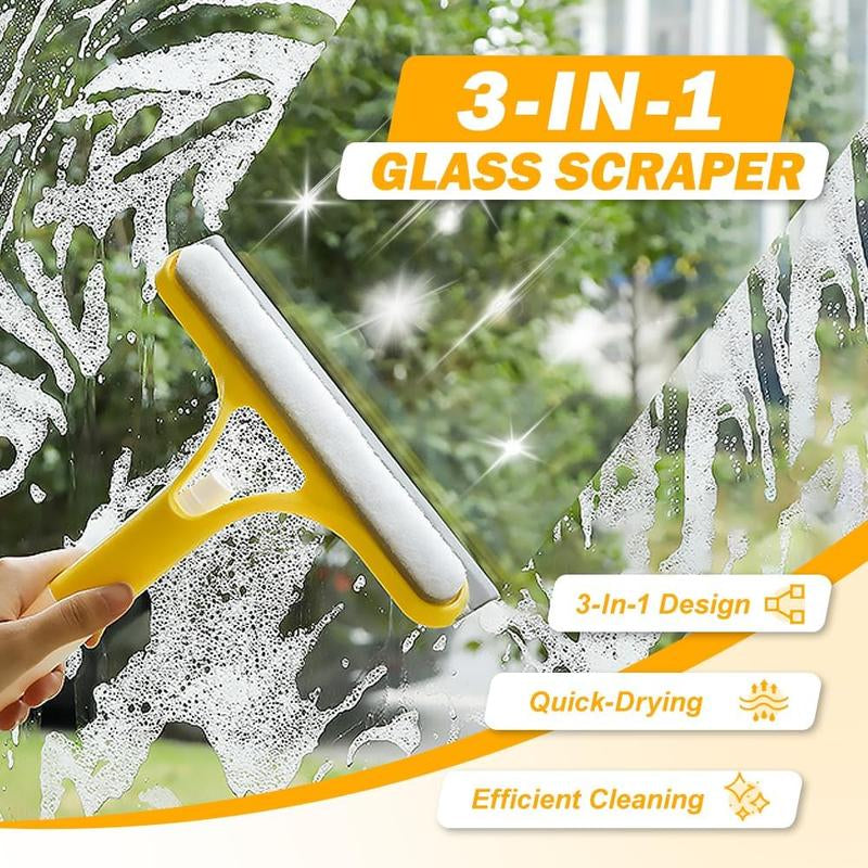 3 in 1 Window Cleaning Scraper, 2025 New Squeegee for Shower Glass, 3 in 1 Spray Function for Glass Doors for Windows Glass, Mirrors Scraper, Brush. All-Purpose Window Cleaner Tool