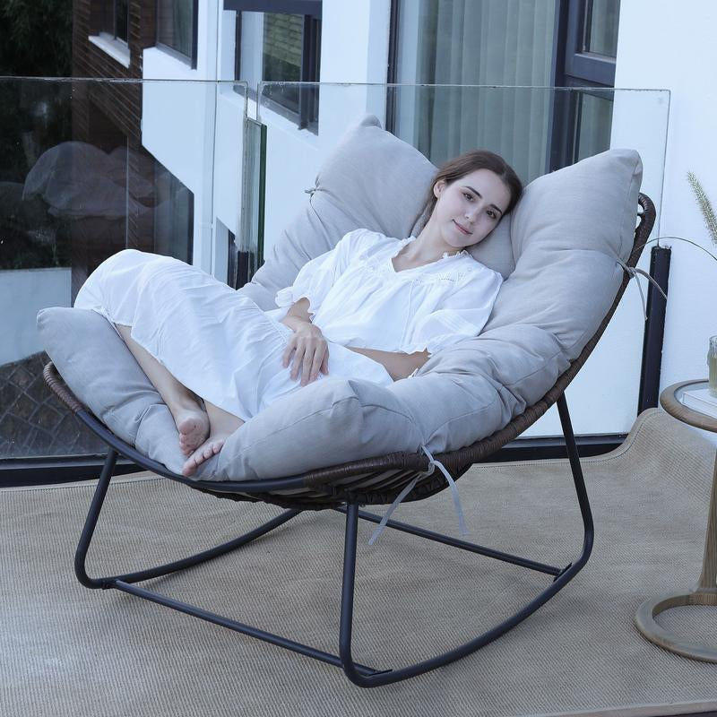 NAGA BAHNA Outdoor Rocking Chair, Patio Wicker Egg Chair, Indoor Comfy Oversized Papasan Chair with Padded Cushion, Royal Rattan Rocker for Front Porch, Garden, Patio Loung Chair Patio Rocking Chair Patio Egg Lounge Home Patio Furniture