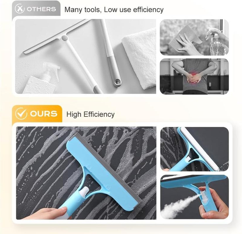 3 in 1 Window Cleaning Scraper, 2025 New Squeegee for Shower Glass, 3 in 1 Spray Function for Glass Doors for Windows Glass, Mirrors Scraper, Brush. All-Purpose Window Cleaner Tool